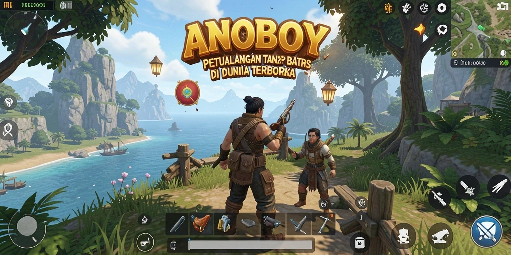 Screenshot gameplay ANOBOY menampilkan petualangan seru di dunia terbuka.