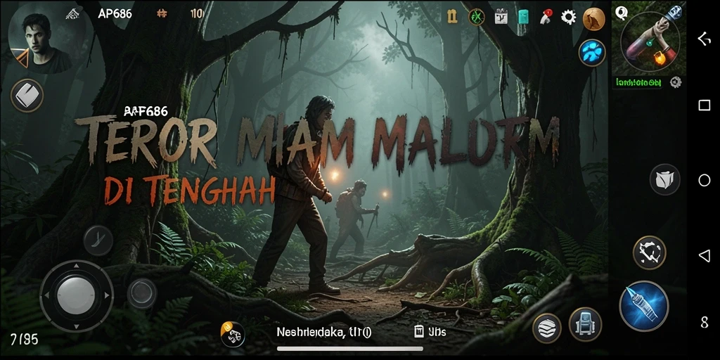 Screenshot gameplay menunjukkan karakter menjelajahi hutan angker dengan suasana menyeramkan.