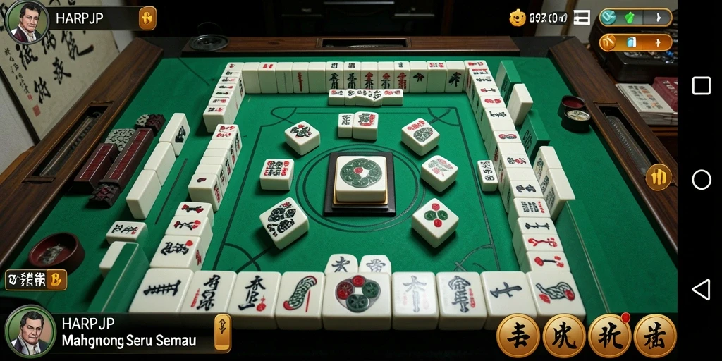 Tampilan gameplay seru di HARAPJP dengan desain Mahjong yang menarik.