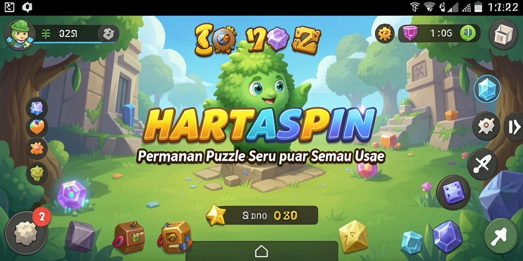 Tampilan gameplay HARTASPIN dengan berbagai teka-teki menarik.