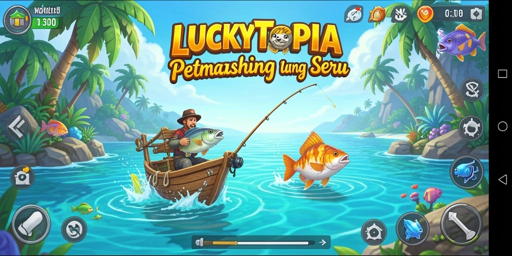 Screenshot gameplay LUCKYTOPIA dengan aksi memancing yang seru.