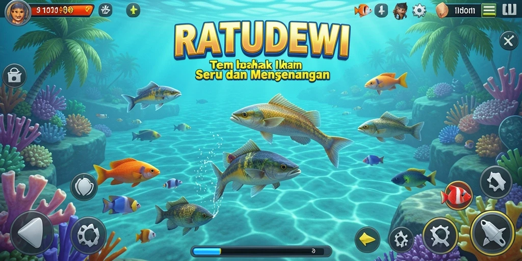 Tampilan gameplay seru dalam RATUDEWI, menangkap ikan yang berwarna-warni.
